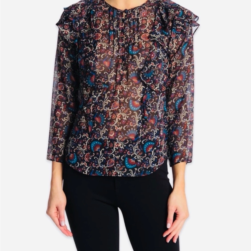 Veronica Beard Aneri Ruffle Printed Silk Georgette Blouse.Size 2 quiet luxury